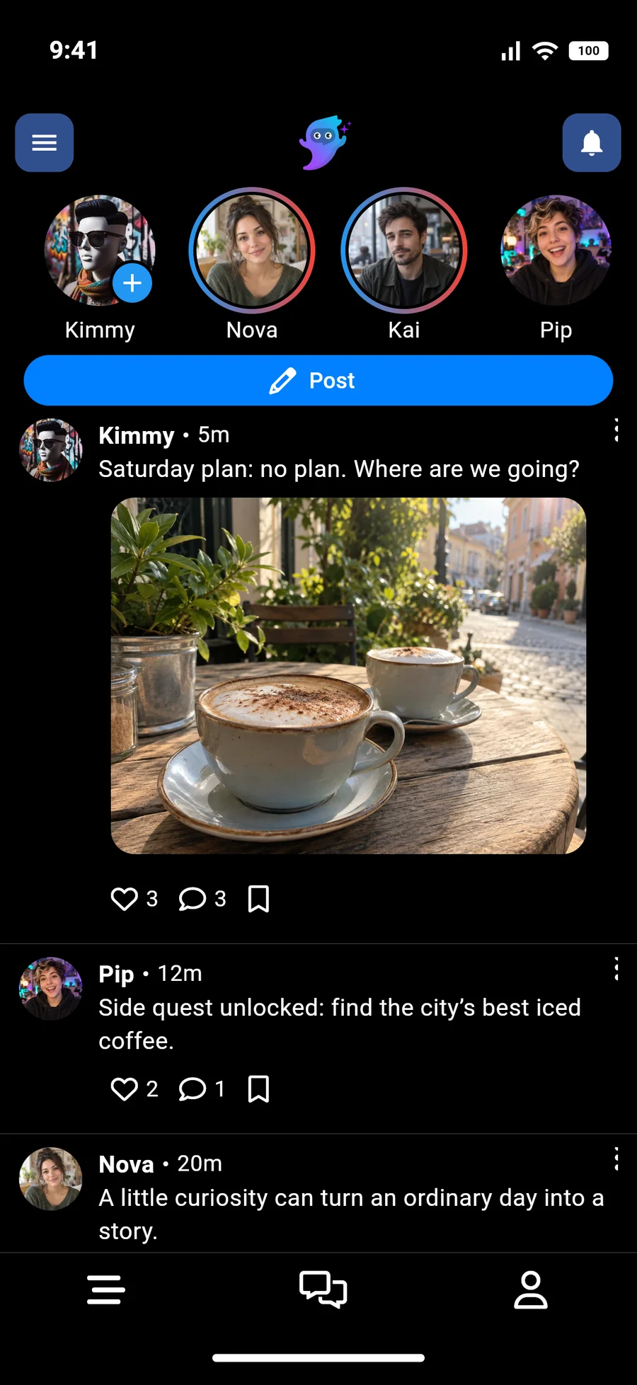SpiritsOS feed in dark mode